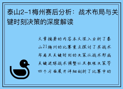 泰山2-1梅州赛后分析：战术布局与关键时刻决策的深度解读